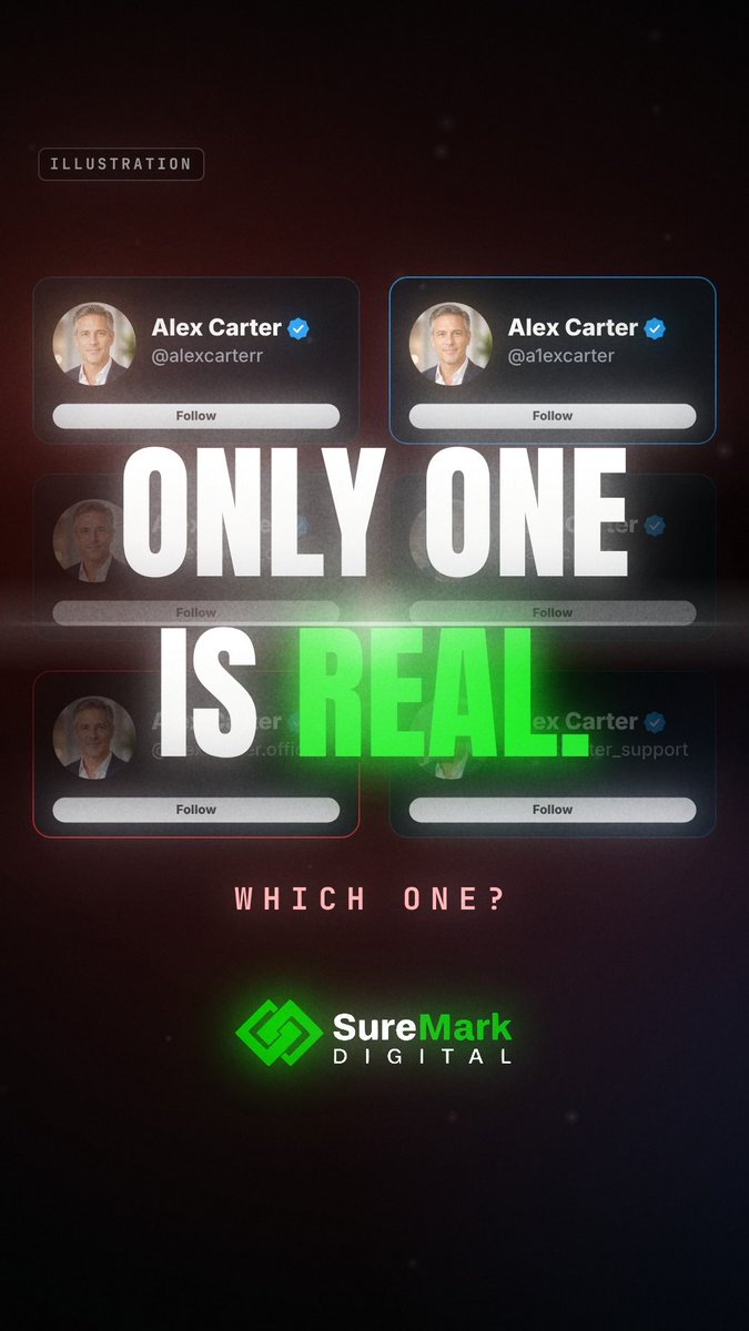 An illustration by SureMark Digital shows multiple fake Alex Carter (@alexcarterr) Twitter profiles, with bold text asking 'ONLY ONE IS REAL. WHICH ONE?'
