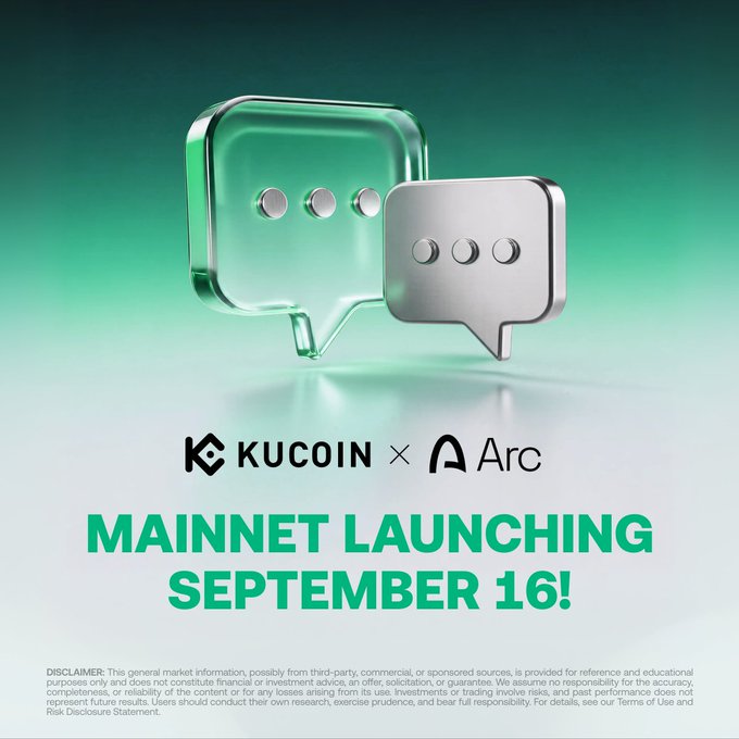 The image is a promotional announcement featuring 3D glass and metallic speech bubble icons on a green background, displaying "KuCoin × Arc" with the headline "MAINNET LAUNCHING SEPTEMBER 16!" — aligning with the post's announcement of Arc's mainnet launch on Wednesday, September 16th.