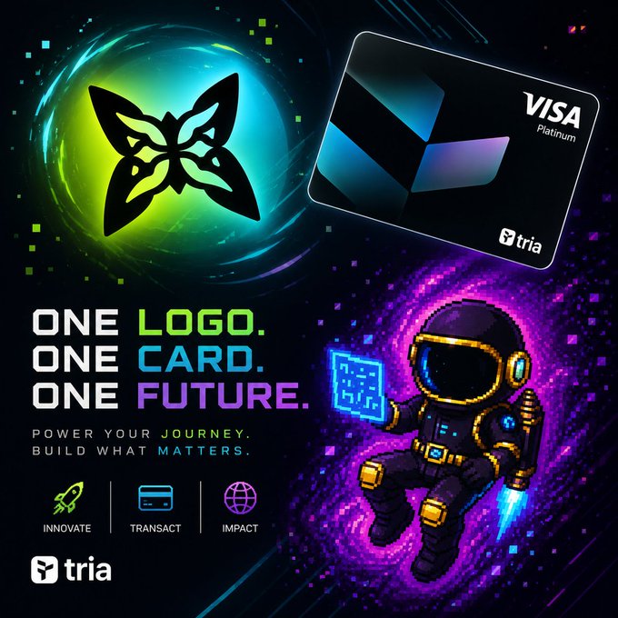 The image is a vibrant promotional graphic for **tria**, featuring a Visa Platinum card, a pixel-art astronaut holding a digital cube, and a stylized butterfly logo, with the tagline "ONE LOGO. ONE CARD. ONE FUTURE." and pillars labeled INNOVATE, TRANSACT, IMPACT.

The post discusses blockchain security (ECDSA) from ecosystem plays like Quip Network, tying into the image's focus on crypto infrastructure and tria's positioning as a unified platform bridging traditional finance (the Visa card) with blockchain innovation.