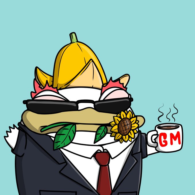 An anthropomorphic duck character wearing sunglasses, a suit, and a red tie holds a sunflower and a coffee mug labeled 'GM' against a teal background.