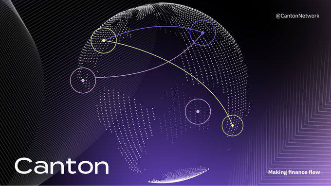 A dark purple promotional graphic for Canton Network features a dotted globe illustration with interconnected nodes and orbital lines in yellow and white, symbolizing global financial connectivity, with the text "Canton" prominently displayed, "@CantonNetwork" in the top right, and the tagline "Making finance flow" in the bottom right—visually reinforcing the post's message of building a privacy-focused public blockchain for institutional financial activity.
