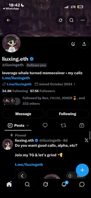 A screenshot of an X (Twitter) profile for 'liuxing.eth' (@liuxingeth) showing 67.5K followers, a pinned tweet reading 'Do you want good calls, alpha, etc? Join my TG and let's grind' with a Telegram link.