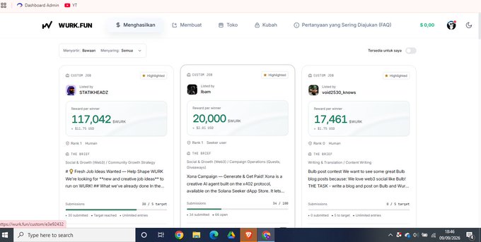 A screenshot of the WURK.FUN custom task dashboard shows three task listings: "STARWEA0Z" offering 117,042 $WURK, "voc2630_knows" offering 20,000 $WURK, and "voc2630_knows" offering 17,461 $WURK, with details about job ideas, creative AI projects, and blog posts.