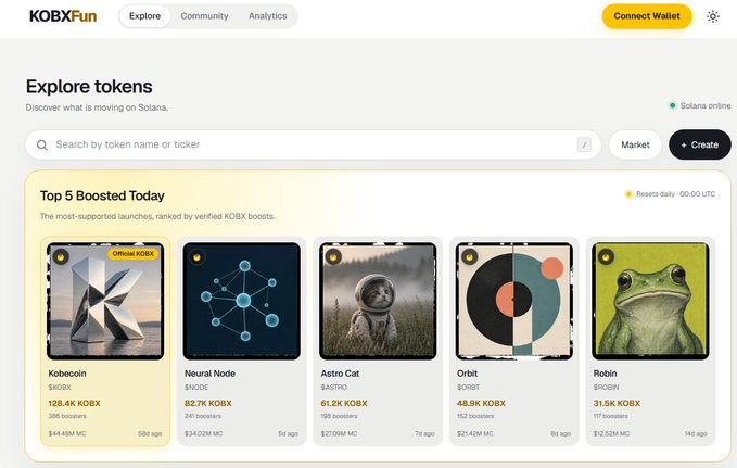 A screenshot of the KOBXFun website showing "Top 5 Boosted Today" tokens including Kobecoin ($OBX), Neural Node ($NODE), Astro Cat ($ASTRO), Orbit ($ORBIT), and Robin ($ROBIN).