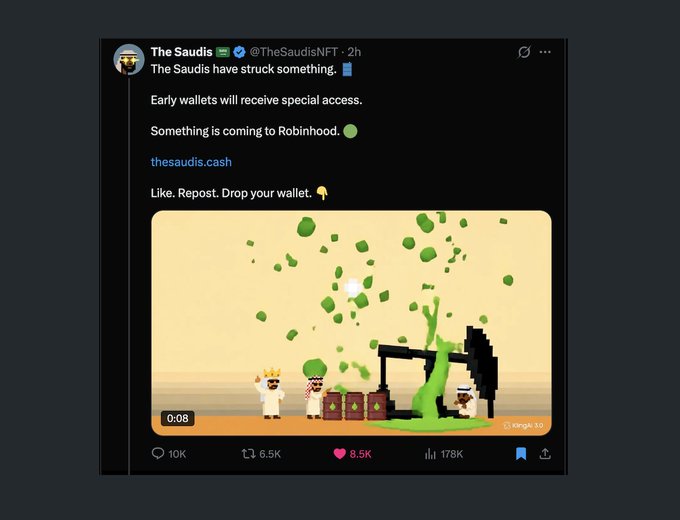 A screenshot of an X post by @TheSaudisNFT teasing a collaboration with Robinhood, showing a video of pixelated characters and green liquid erupting from barrels with the URL 'thesaudis.cash'.