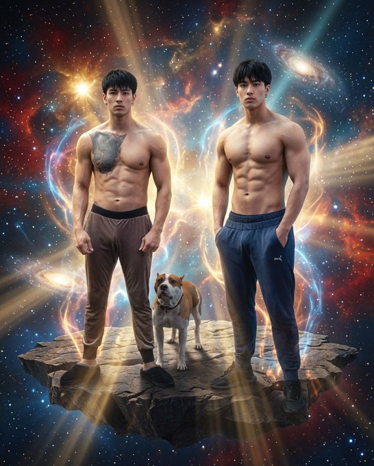 Two shirtless muscular men and a brown and white bulldog stand on a floating rocky asteroid against a vibrant cosmic background with galaxies and stars; one man wears brown pants and the other wears dark sweatpants.