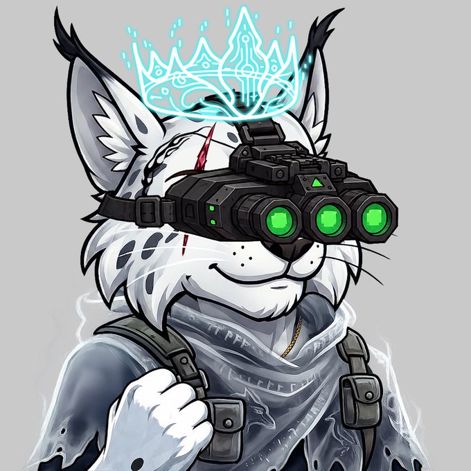 An illustrated anthropomorphic white wolf or fox character wearing tactical night-vision goggles, a glowing blue crown, and military-style gear.