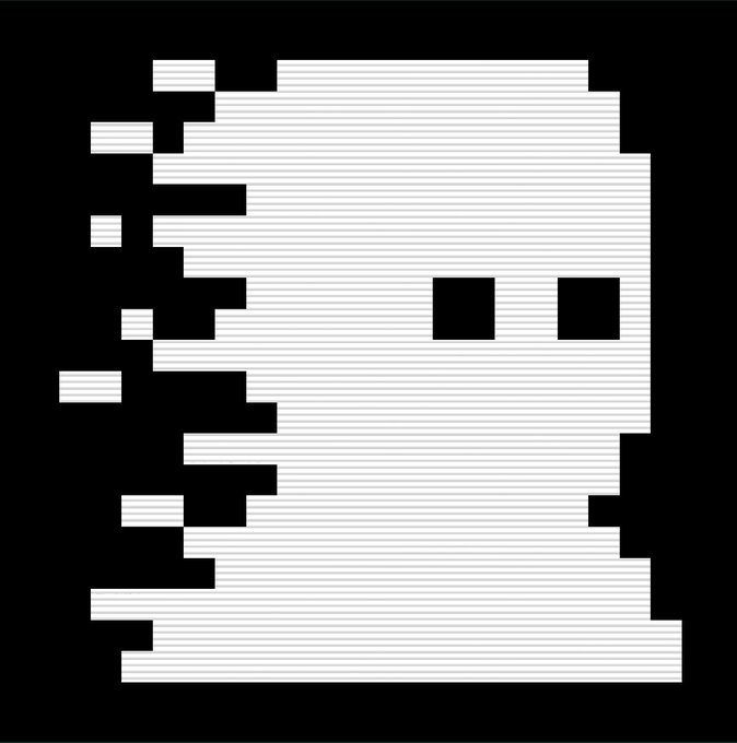 A pixelated white ghost-like figure with two square black eyes appears to be dissolving or pixelating away on its left side against a black background.