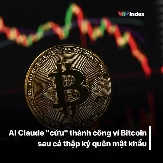 A gold Bitcoin coin displayed against a stock chart background with the VTV Index logo and Vietnamese text reading "AI Claude 'cứu' thành công ví Bitcoin sau cả thập kỷ quên mật khẩu" (AI Claude successfully rescues Bitcoin wallet after a decade of forgotten password).