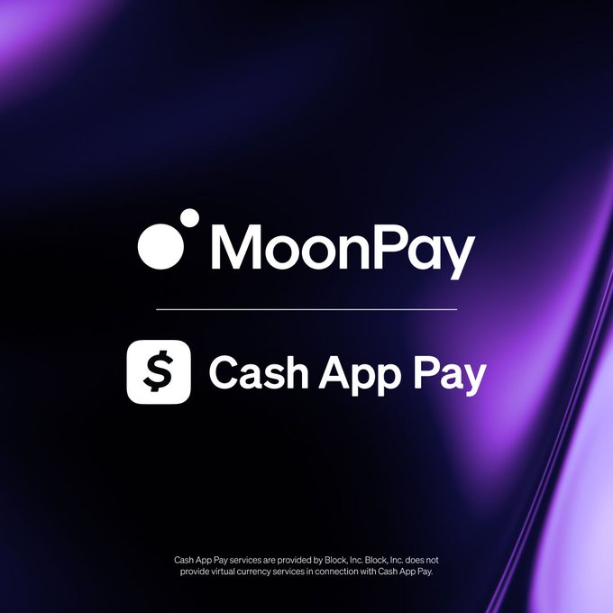 A promotional graphic with a purple gradient background showing the MoonPay logo alongside a Cash App Pay icon, with fine print noting services are provided by Block, Inc.