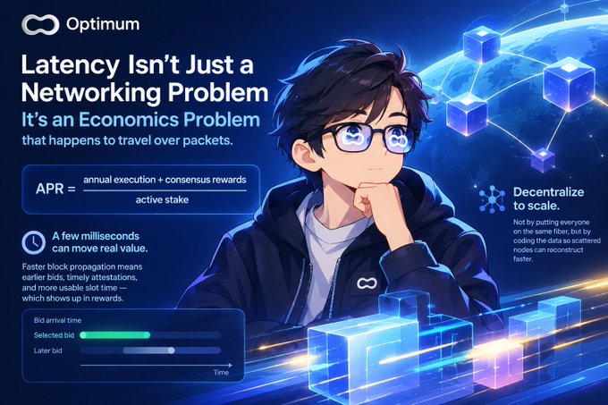 An infographic titled 'Latency Isn't Just a Networking Problem, It's an Economics Problem' by Optimum, featuring an anime-style character and a formula for APR.