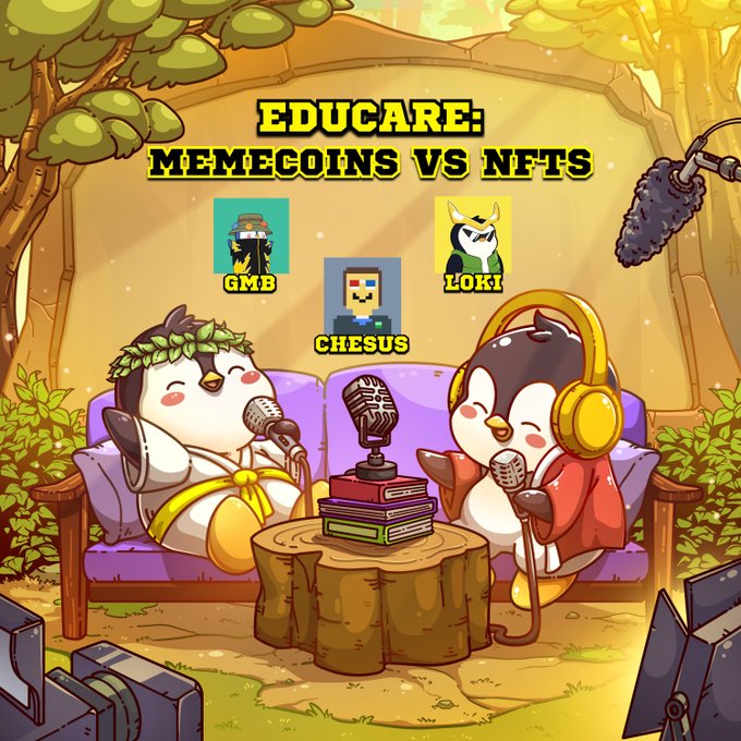 An animated cartoon scene titled "EDUCARE: MEMECOINS VS NFTS" featuring penguin-like characters with microphones, displaying three NFT characters labeled GMB, CHESUS, and LOKI.