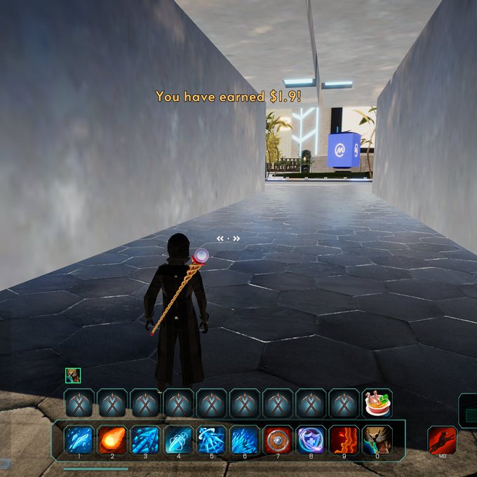 A third-person video game screenshot showing a dark-clothed character with a staff in a gray corridor; text reads 'You have earned $1.9!' with a skill bar at the bottom.