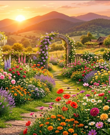 A vibrant, picturesque garden scene featuring a stone archway covered in purple flowers, surrounded by colorful blooming flowers, with rolling hills and a sunset in the background.