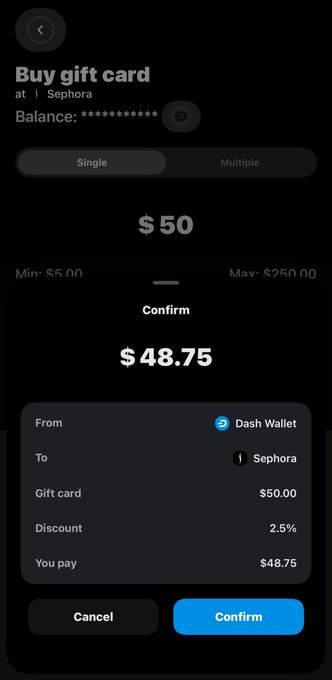 A confirmation screen for purchasing a $50 Sephora gift card via Dash Wallet, showing a 2.5% discount for a final price of $48.75. The image visually supports the post's claim of "spending" DASH as digital cash at retailers, illustrating a real-world use case beyond just trading.