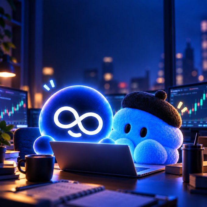 A glowing blue infinity symbol sits beside a fuzzy blue plush character wearing a black beret at a trading desk with monitors showing candlestick charts, capturing the endless hustle of the night shift. The image visually represents "MEXC AI" with the infinity symbol symbolizing the never-ending pursuit of gains during late-night trading sessions.