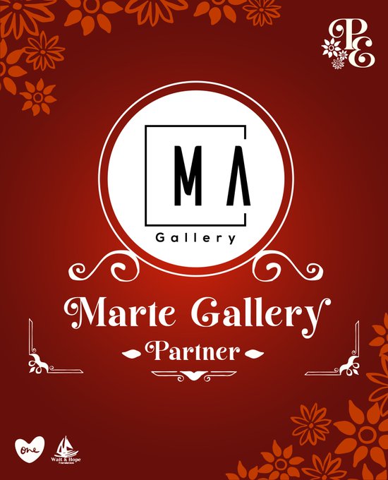 The image is a partner announcement graphic featuring the Marte Gallery logo—a white circle with "MA" letters inside a square frame—along with "Marte Gallery Partner" text on a red background decorated with floral designs. It visually represents the newly announced partnership between Marte Gallery and the Colombia Residency, aligning with the post's celebration of Marte Gallery joining as an official partner.
