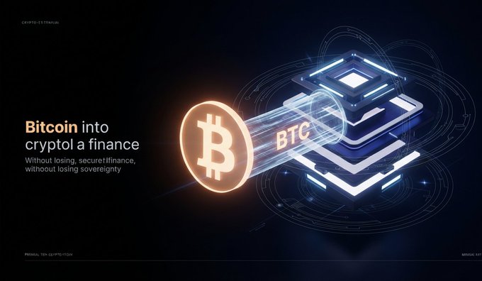 A promotional graphic for 'Bitcoin into crypto finance' displaying a glowing Bitcoin symbol connecting to a futuristic blue data structure, with the text 'Without losing, secure finance, without losing sovereignty.'