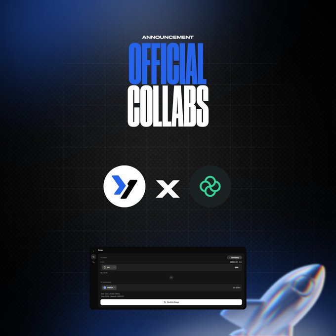 A bold "ANNOUNCEMENT" graphic declares "OFFICIAL COLLABS" between two partner logos (a blue chevron symbol and a green interconnected circles icon), promoting @Oneswapcc's new availability on yapperagent.xyz with direct settlement on the Canton Network, as illustrated by a swap interface screenshot and rocket imagery suggesting rapid growth.