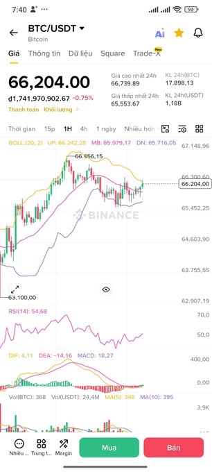 A Binance app screenshot showing the BTC/USDT trading pair at $66,204.00 with candlestick charts and indicators.