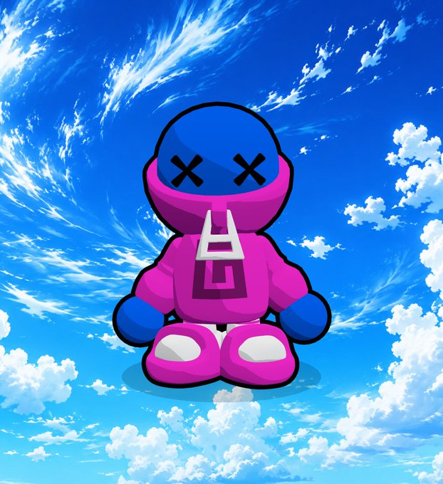 A pink and blue cartoonish ninja character with "X" eyes floats against a vibrant blue sky with fluffy clouds. The character's helmet, marked with a white "A," and matching attire align with the post's description of a rare "Double Ninja" NFT sold as part of the God Pull collection, ranked among the top 250 collectors.