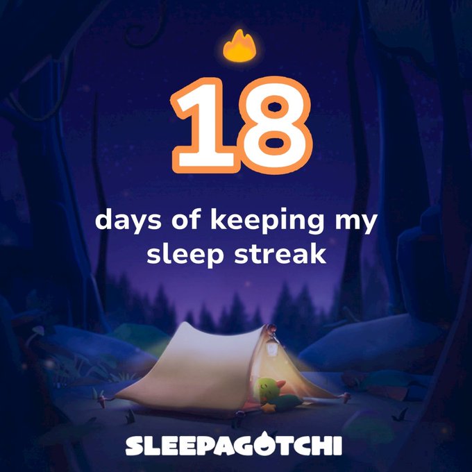 A mobile game screen for 'SLEEPAGOTCHI' showing a '18 days of keeping my sleep streak' achievement with a tent and character in a nighttime forest setting.