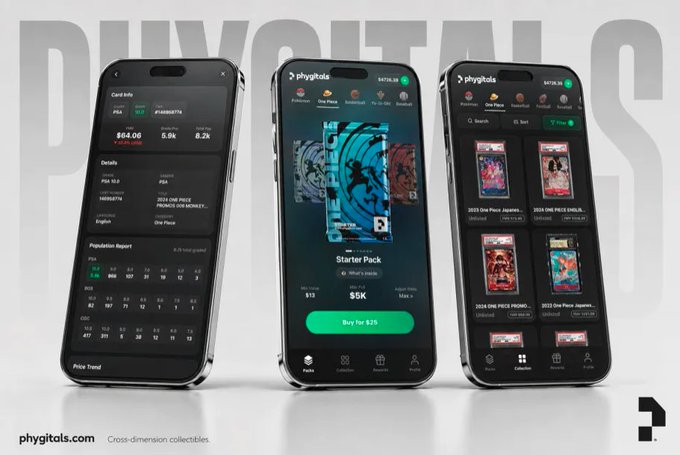 Three iPhones display the Phygitals app interface against a "PHYGITALS POCKETS" backdrop, showcasing card details for a PSA 10 Japanese One Piece "2004 ONE PIECE PROMO" card with a $64.06 price and 8.2K holders, a $25 Starter Pack featuring Goku and One Piece cards, and a marketplace browsing "2024 ONE PIECE" items—promoting the on-chain pack ripping app launching on the App Store.