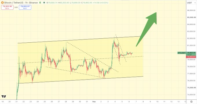 A Bitcoin/USDT 1-hour Binance chart showing BTC at $79,955.97, with technical analysis drawing a parallel channel pattern and a large green upward arrow indicating a projected breakout.