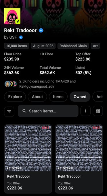 A screenshot of an NFT collection page titled 'Rekt Tradooor by OSF' on Robinhood Chain, showing a floor price of $235.90 and listed items.