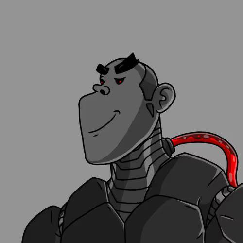 A digital illustration of a gorilla character with red eyes wearing black armor and featuring red glowing tubes/cables on its back against a gray background.