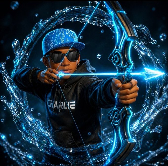 A digital artwork featuring a young person wearing a cap with circuit board patterns, sunglasses, and a hoodie reading 'CHARLIE', drawing back a glowing blue high-tech bow and arrow surrounded by swirling water effects.