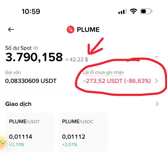 A screenshot of a crypto portfolio app showing a PLUME token balance of 3,790,158 (~$42.22), with a circled red annotation highlighting an unrealized loss of -273.52 USDT (-86.63%).