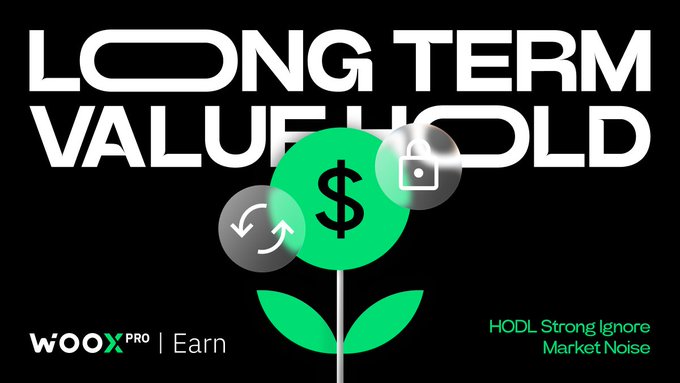 The image features a green dollar sign with a plant growing from it, which is placed against a black background. The text "Long term value hold" is written above the dollar sign, and there are two bubbles below it that say "HODL strong ignore market noise". The image also includes a watermark that reads "woox pro earn".