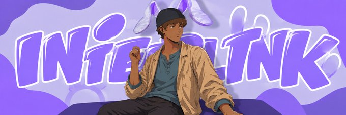 An anime-style illustration of a character with a cap and wings sitting in front of graffiti-style text reading 'INITI...INK' on a purple background.