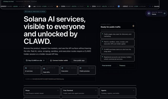 The image shows a website interface that displays information about a free software called "Solana AI" for viewing by everyone who logs in. There are several sections of the site with various buttons, but they all seem related to the software. The post explains that users can access this software through the website or via the CLAWD wallet server. It also mentions that paid options include API testing and payment processing. The main focus is on promoting the free version of the software and attracting new users.