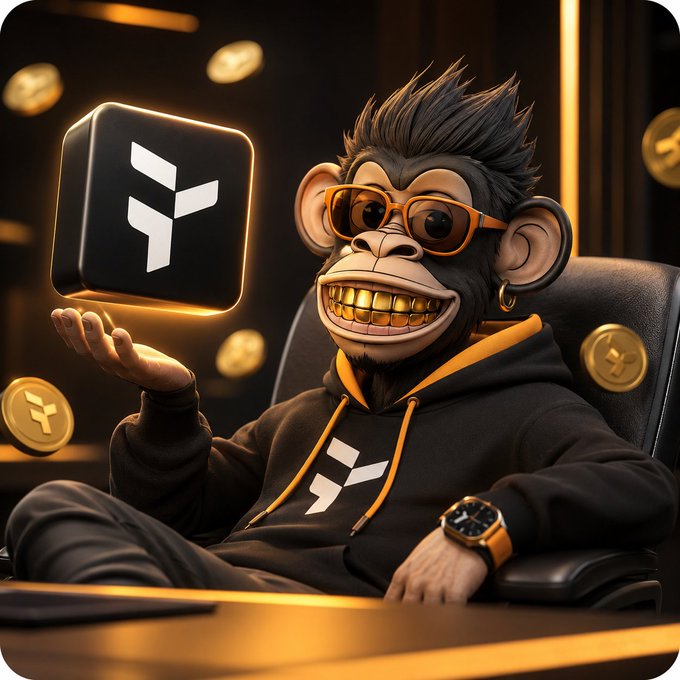 A 3D-rendered cartoon monkey with gold teeth, sunglasses, and a black hoodie holding up a glowing cube with the 'Y' symbol, surrounded by floating coins.