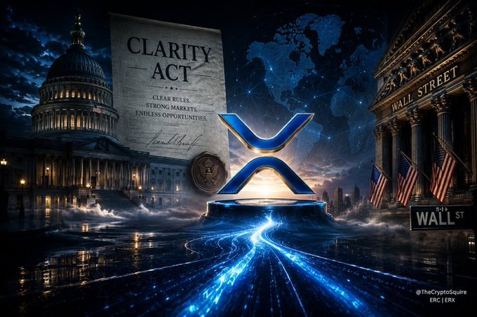 A digital artwork depicting the XRP logo in front of a document titled 'CLARITY ACT' with text reading 'CLEAR RULES, STRONG MARKETS, ENDLESS OPPORTUNITIES,' set between the U.S. Capitol and Wall Street, watermarked '@TheCryptoSquire'.