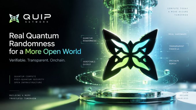 A promotional graphic for 'QUIP Network' advertising 'Real Quantum Randomness for a More Open World' with features like 'Transparent Process' and 'Onchain Ready.'