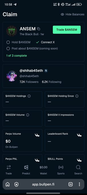 A mobile screenshot of the Bullpen app showing an $ANSEM ($The Black Bull) token claim page with a verified X account @shihab45eth having 72K followers.