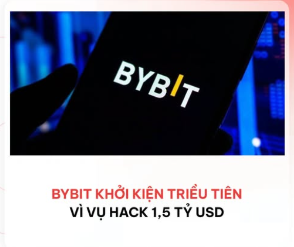 A news graphic showing a smartphone displaying the 'BYBIT' logo, with Vietnamese text below reading 'BYBIT KHỞI KIỆN TRIỆU TIỀN VÌ VỤ HACK 1,5 TỶ USD' (Bybit sues Triệu Tiền over the 1.5 billion USD hack).