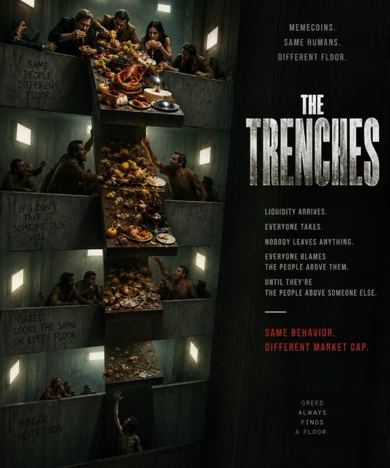 The image is a promotional-style poster titled "THE TRENCHES," depicting a vertical, multi-tiered concrete structure reminiscent of the film *The Platform*, where figures on each floor scramble for food descending from above. Key text includes phrases like "MEMECOINS, SAME HUMANS, DIFFERENT FLOOR," "SAME PEOPLE, DIFFERENT FLOOR," "GREED LOOKS THE SAME ON EVERY FLOOR," "HUNGER NEVER ENDS," and the caption "SAME BEHAVIOR. DIFFERENT MARKET CAP.," along with the tagline "GREED ALWAYS FINDS A FLOOR." 

The poster visually parallels the post's analogy by framing crypto memecoin trading as a stratified feeding frenzy, where traders on each "floor" (market cap tier) greedily grab gains before the opportunity moves down to the next level.