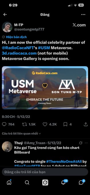 A screenshot of a tweet from M-TP (@sontungmtp777) announcing his role as the celebrity partner of @RadioCacaNFT's USM Metaverse, featuring a promotional image with the text 'USM Metaverse' and 'SON TUNG M-TP EMBRACE THE FUTURE'.