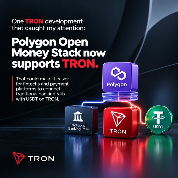 A TRON promotional image announcing 'Polygon Open Money Stack now supports TRON,' showing connections between Traditional Banking Rails, TRON, and USDT.