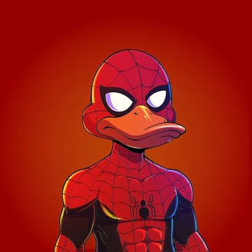 A cartoon illustration depicts a hybrid character combining Spider-Man with a duck's head and bill, set against a red background.