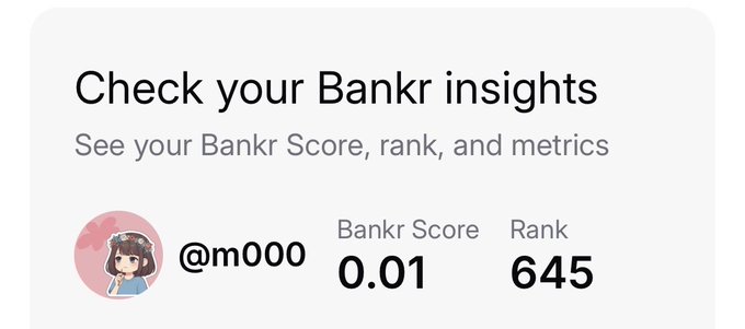A snippet of a digital interface for Bankr insights showing a user named @m000 with a Bankr Score of 0.01 and a Rank of 645.