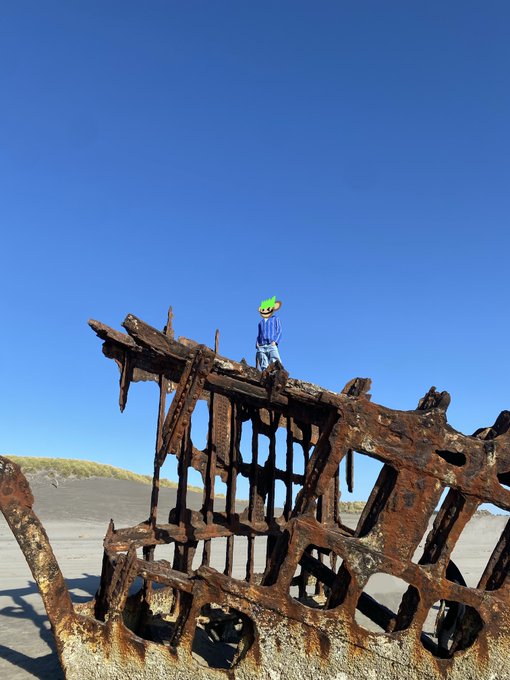 A small figure wearing a blue plaid shirt and a green alien mask stands atop the rusted, skeletal remains of a shipwreck on a sandy beach under a clear blue sky.