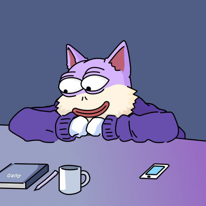 A cartoon illustration of a purple feline character with a wide smile resting its paws on a desk, next to a book labeled 'DXNO', a mug, a pen, and a smartphone.