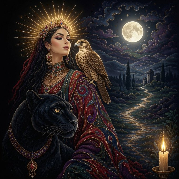 A richly detailed fantasy illustration depicting a regal woman wearing an ornate jeweled crown and colorful patterned robes, accompanied by a black panther and a falcon, set against a moonlit night landscape featuring a castle and a lit candle.