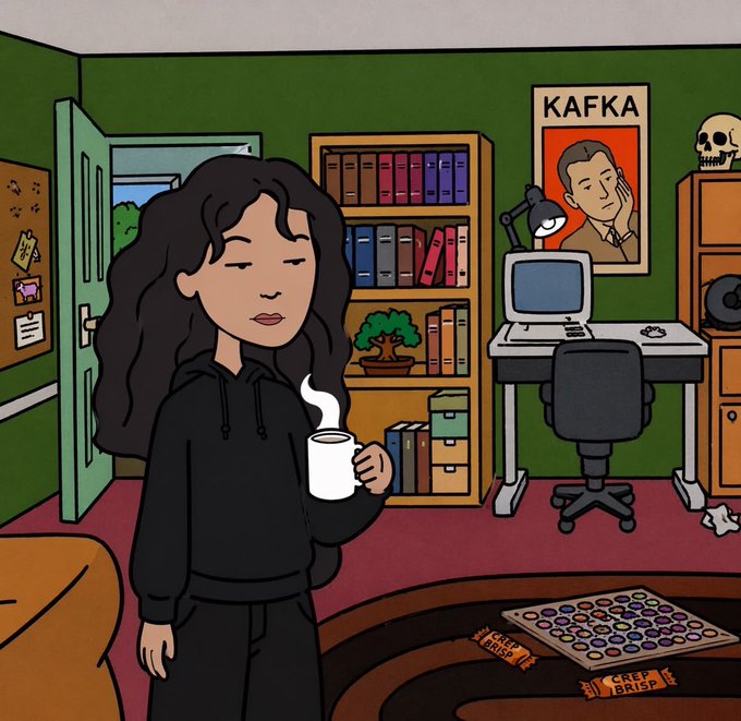 A cartoon illustration of a tired-looking girl holding a steaming mug in a moody room, featuring a "KAFKA" poster, bookshelves, a desk with a CRT monitor, a skull, and "CEREAL BRISP" wrappers on the floor.
