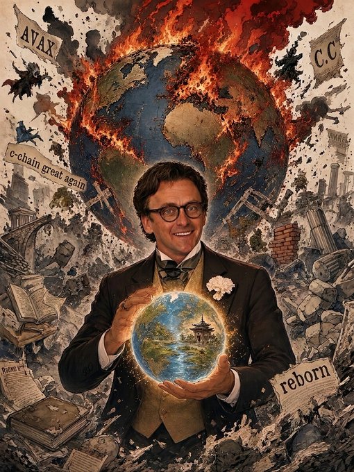 A smiling man in glasses and a bowtie cradles a small, pristine Earth amid a fiery, apocalyptic backdrop where a burning globe looms behind him and crumbling ruins scatter the scene, accompanied by signs reading "AVAX," "C.C," "c-chain great again," and "reborn"—a chaotic collage that mirrors the post's bullish "G.M avax" sentiment by contrasting destruction with the promise of an Avalanche ecosystem renewal.